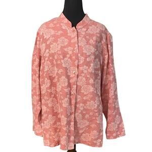 Jaclyn Smith Pink Floral Linen Cotton Button Front Tunic‎ Top 1X Mandarin Collar